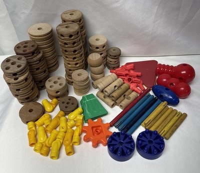 Jumbo Tinker Toy Wood Plastic Pieces Mixed Lot Gears Fans Wheels