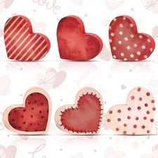 6 Pcs Valentine'S Day Wooden Heart Table Signs Red Wood Table Centerpiece Block