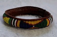 Handmade Beaded Leather Cuff Bracelet Boho Tribal Seed Beads Multicolor