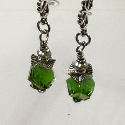 Green Chinese Crystal Clover Dangle Earrings Silver Tone Four Leaf Shamrock Drop