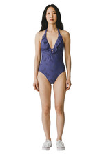 Time True Women's Swimsuit Eyelet Floral One-Piece Halter Ruffle Blue Sz M NWT