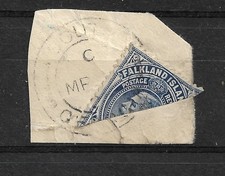 ÎLES MALOUINES DEP. 1921-28 21/2d KGV COUPÉ EN DEUX SUR PIECE GÉORGIE DU SUD OBLITÉRATION