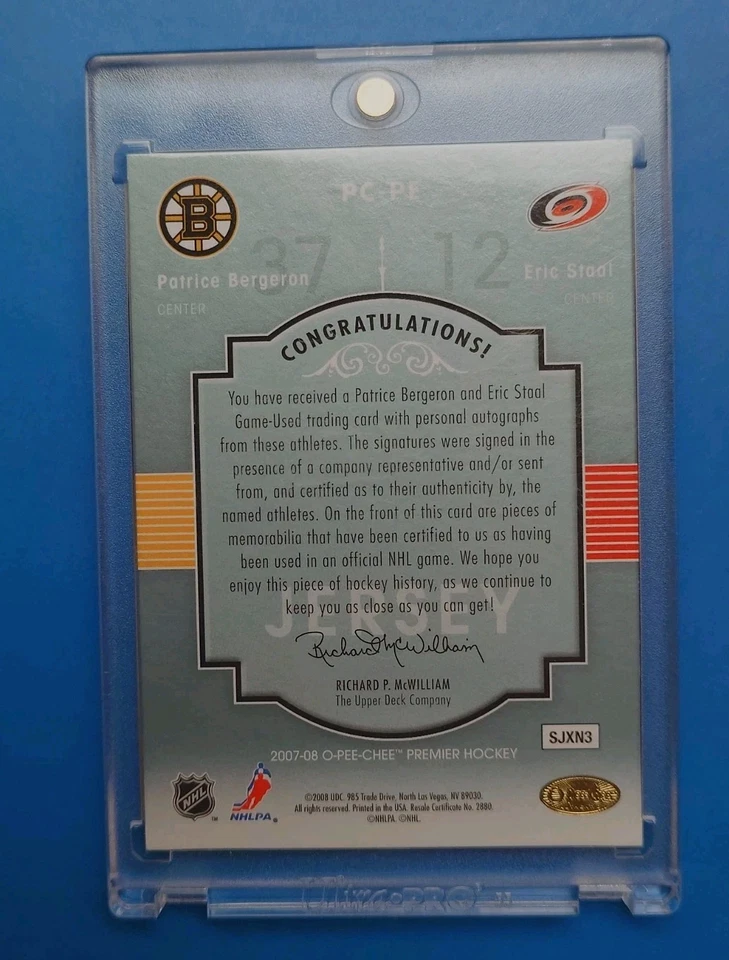 Autographed Patrice Bergeron and Eric Staal - O-Pee-Chee Premier Pairing  /50 - Image 2 of 4