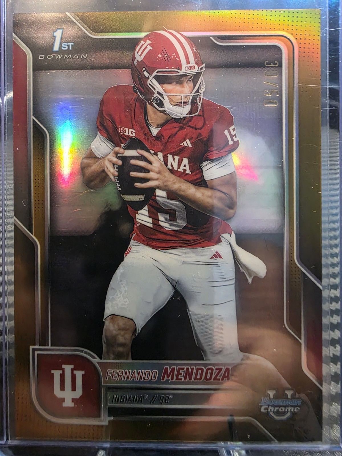 2025 Bowman Chrome U Fernando Mendoza Gold Refractor 1st #/50 Hoosiers