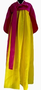 Korean Hanbok Set  Pink Jeogori Yellow  Skirt S/M Korea Handmade