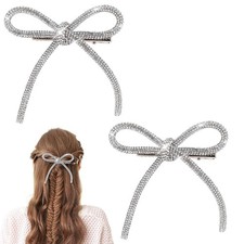 2 Pcs Bow Hair Clips Rhinestone Hair Accessories Silver Hair Bows Women Crystal