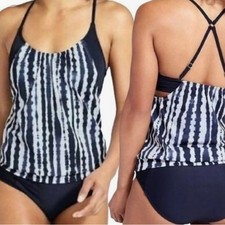 Athleta Wave Break Tankini Bra Swim Top 34D/DD Navy Blue White Tie Dye