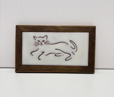 Syre Engraved Cat Framed Tile Made in Spain 9.5 X 5.5  Terracotta