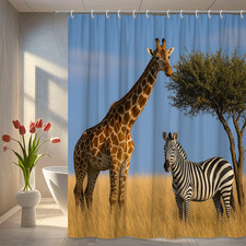 Wildlife Shower Curtain - Giraffe and Zebra Pattern, Nature Decor