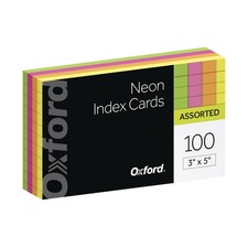 Oxford Neon Index Cards, 3" x 5", Ruled, Assorted Colors, 100 Per 3 x 5, Glow