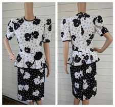 80s Peplum Dress White Black Floral Short Sleeve Vintage XS S