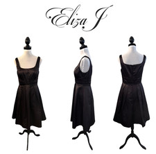 Eliza J Fit & Flare A-Line Satin Midi Dress Square Scoop Neck Womens Sz 8 Black