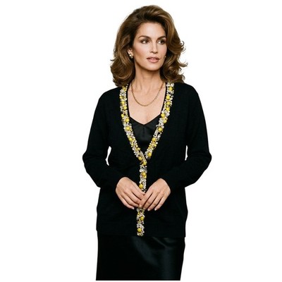Vintage Michael Simon Black Cardigan M Yellow Silver Beaded Embellished V-Neck