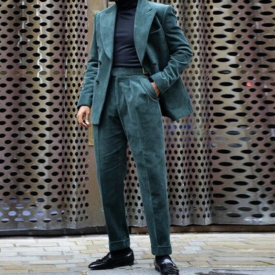 2 Stück Cord Herren Anzüge Zweireiher Bräutigam Formell Business Party Jacke Hose