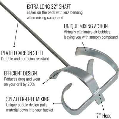 Drywall Mud Mixer - | 32'' Shaft 5'' Head | Pro-Grade | Extra Long Drill Attach...