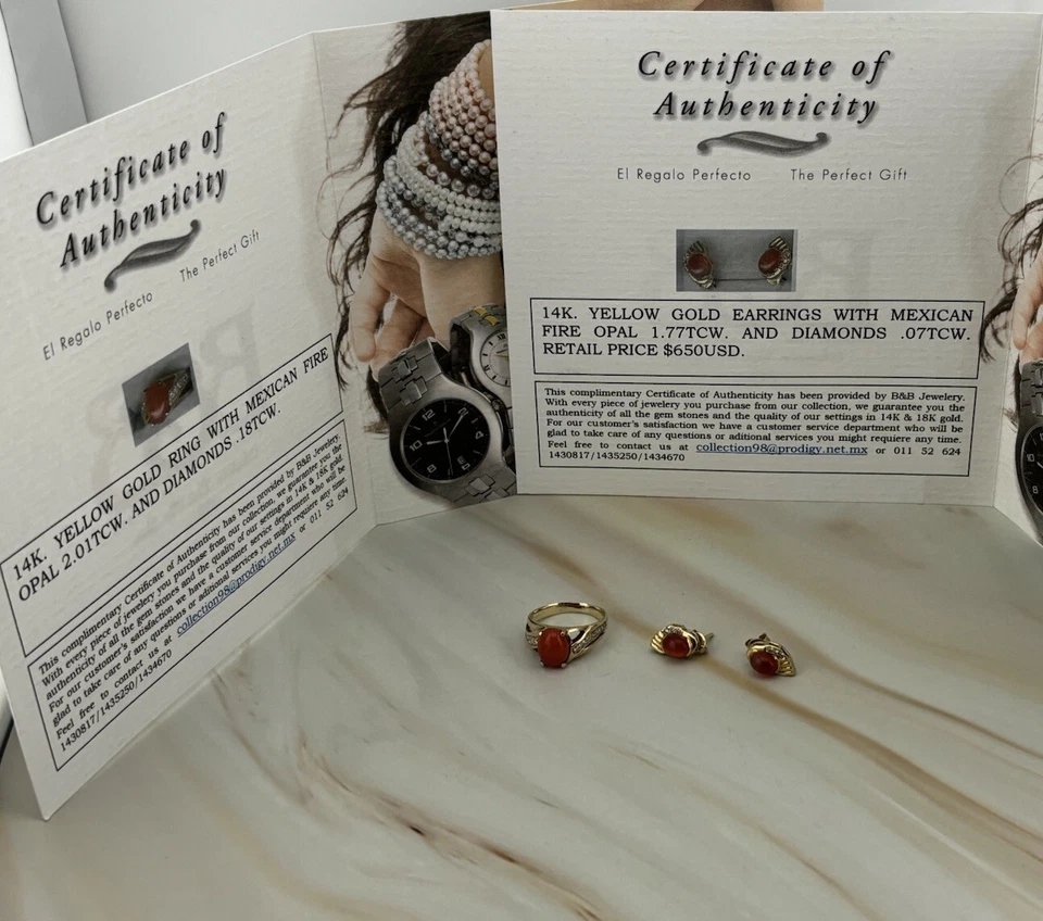Набор ювелирных изделий из желтого золота 14 карат с мексиканским огненным опалом и бриллиантами серьги и кольца размер 8,25 - Изображение 2 из 4