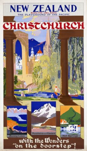 Vintage Illustrated Travel Poster CANVAS PRINT New Zealand Christchurch 16"X12" - Foto 1 di 1