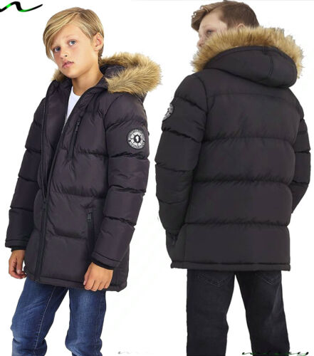 NEW BOYS COATS KIDS BACK TO SCHOOL FUR HOODED PARKA JACKET WINTER WARM COAT SIZE - Picture 1 of 20