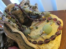 Sterling Silver 925 Green Carvd Jade Quartz Amethyst beads Multistrand Necklace