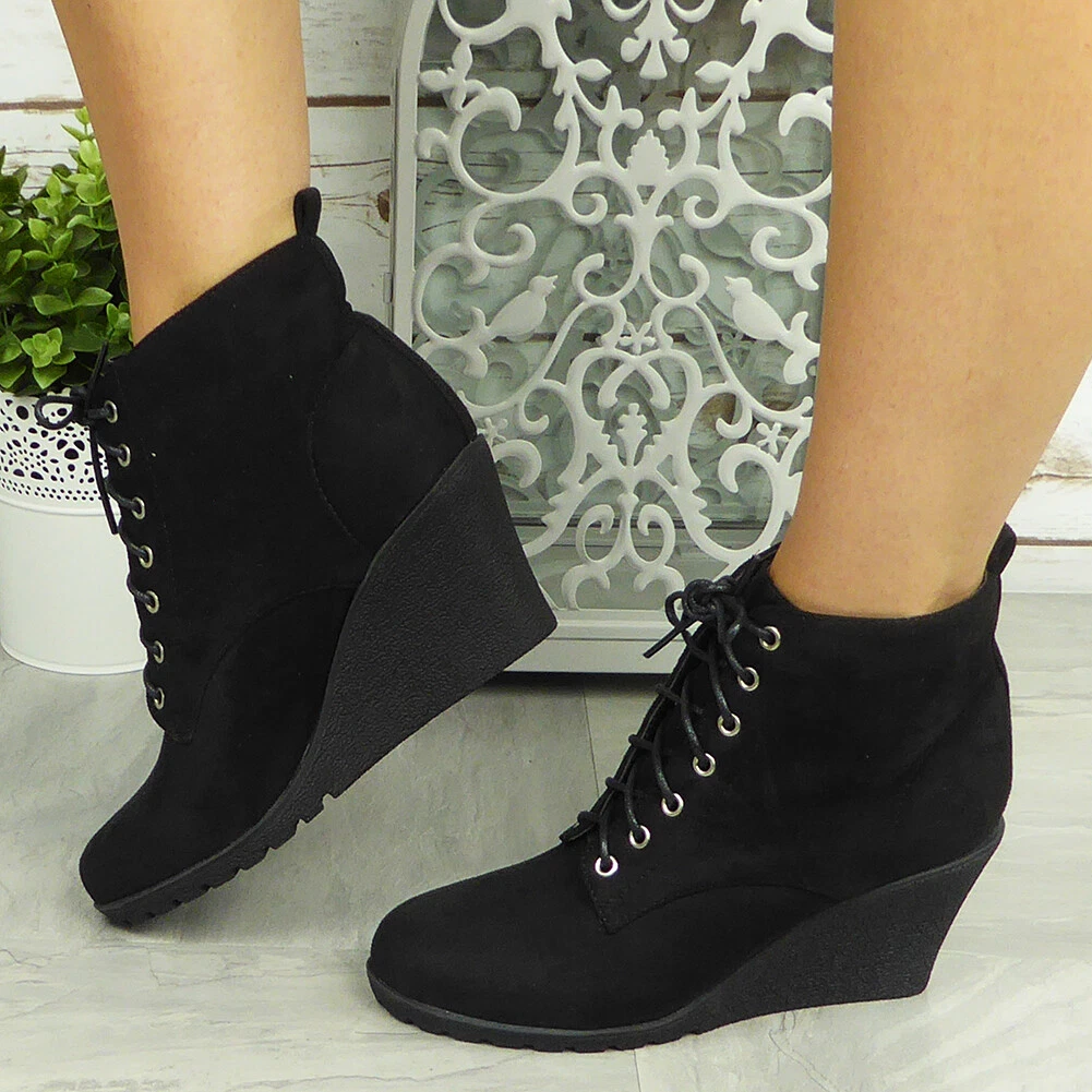 Black Wedge Ankle Boots With Laces