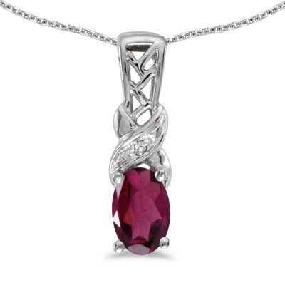 10k Weißgold ovaler Rhodolith Granat und Diamant Anhänger mit 18'' Kette