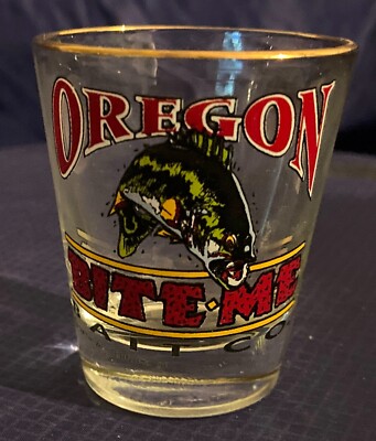 PR0005 Vtg Shot Glass Clear Oregon State Bite Me Large Mouth Bass Fish