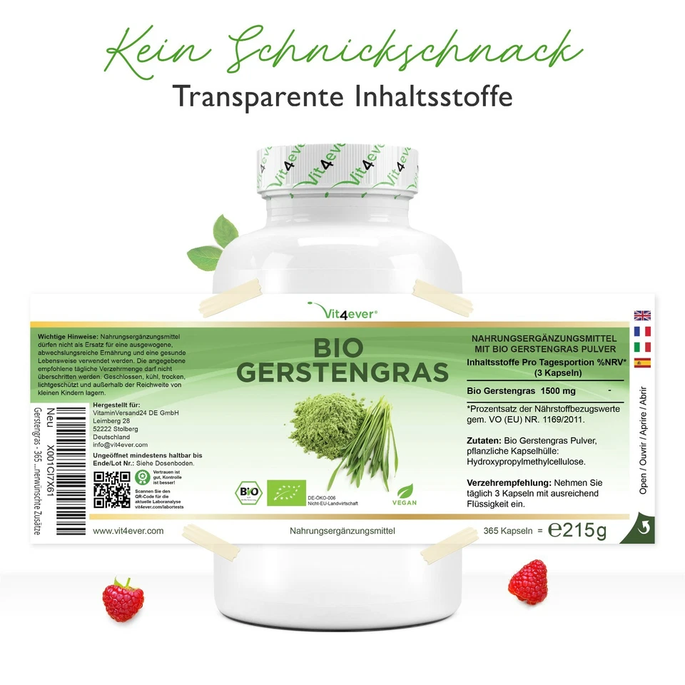 Bio Gerstengras - 365 Kapseln (V) á 500 mg junges Gerstengras-Pulver Hochdosiert - Bild 4 von 4