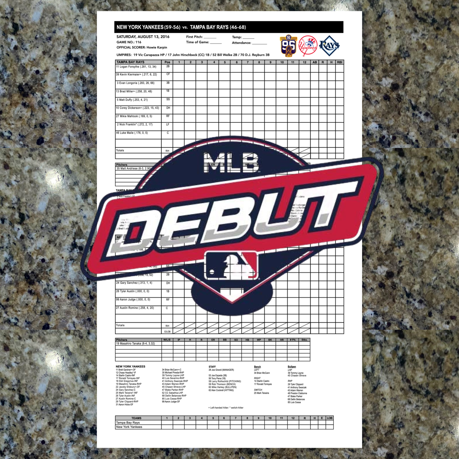 Aaron Judge MLB Debut Game Used Lineup Card Scorecard - 8/13/16 Yankees