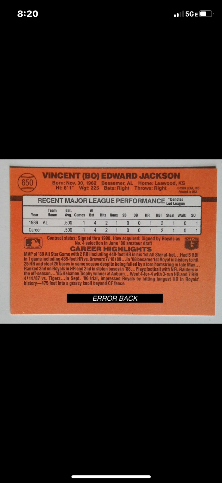 RARE Bo Jackson TRIPLE ERROR 1990 DONRUSS All Star NO DOT/TM after INC KC Royals - Picture 3 of 9