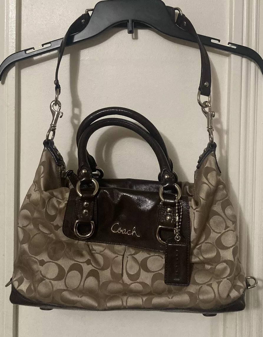 Coach Bag Ashley 2 Way Strap Handle Brown Leather Signature Fabric  F1182-F15443