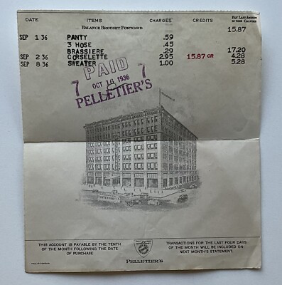 1936 Pelletier s Bill Receipt Topeka Kansas Panty Brassiere Corselette Hose+++