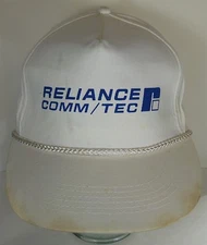 Vintage 1990s RELIANCE COMM/TEC Power Advertising WHITE SNAPBACK HAT ROPE CAP