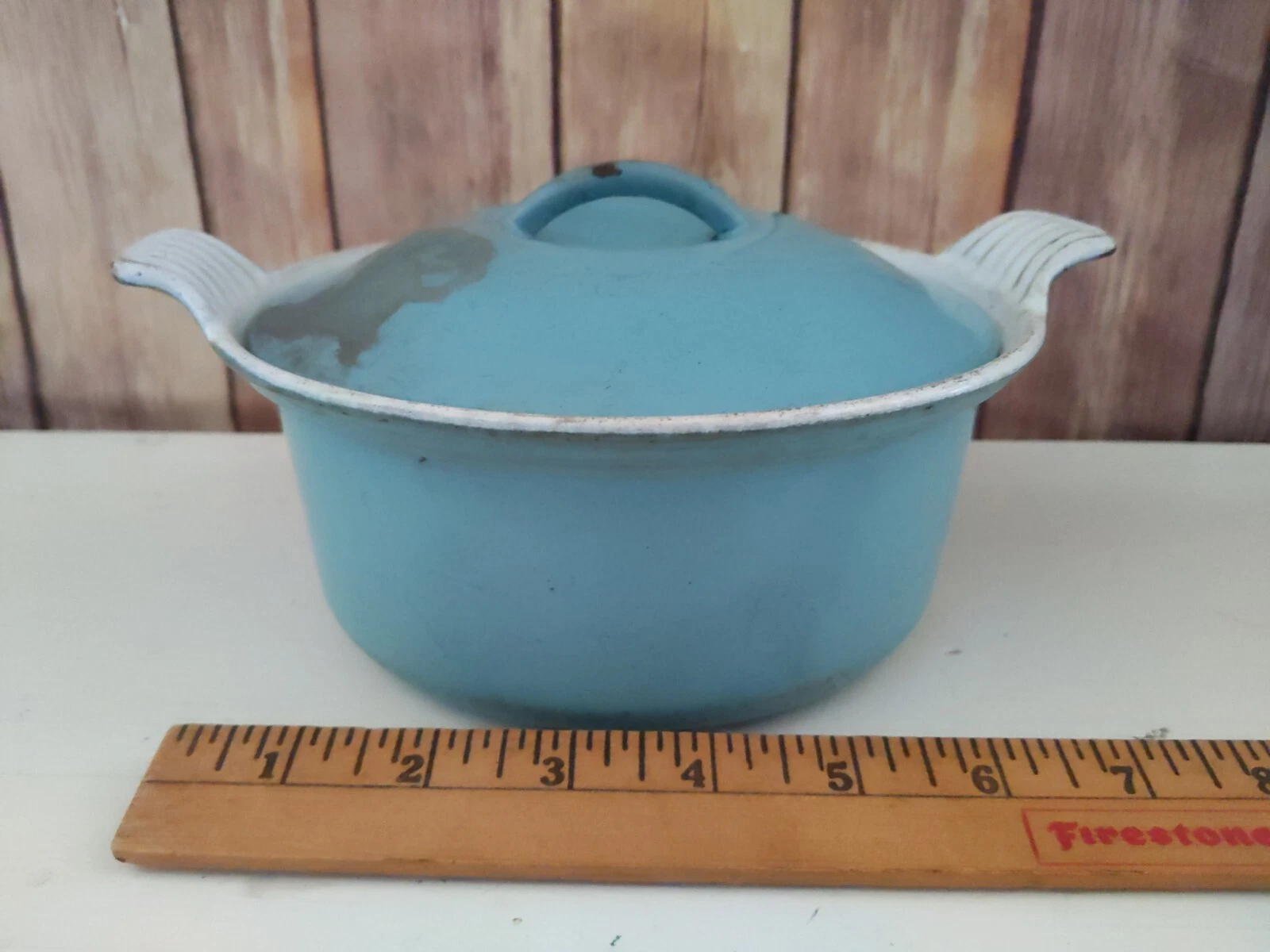 Vintage Distressed Le Creuset Cast Iron Round Dutch Oven w/ Lid Paris Blue 1 qt