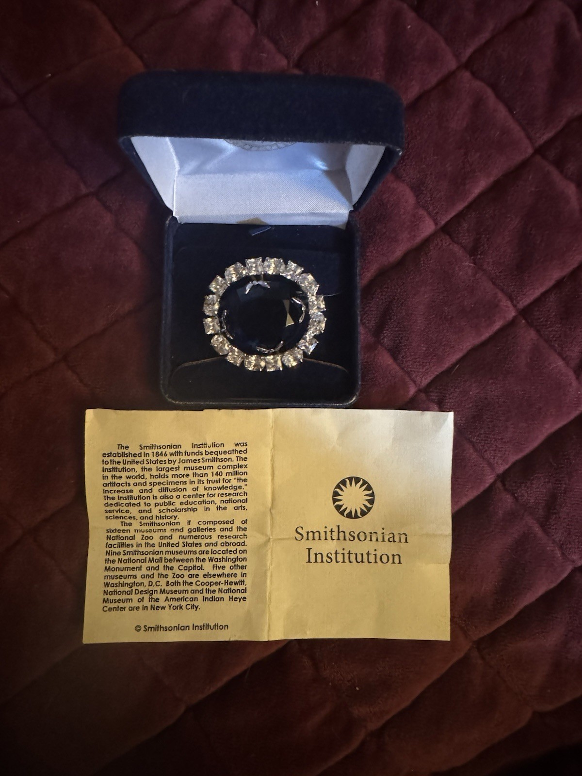 Vintage Smithsonian Institution Brooch Replica the Hope Diamond  1.5" Blue CZ