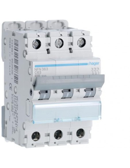 Disjoncteur 3P Hager courbe C 63A avec pouvoir de coupure 10kA