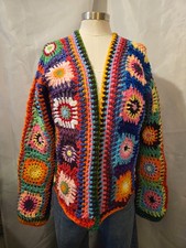 New Granny Square Cardigan Sweater Open Front Handmade Crocheted Multicolor