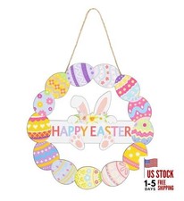 Vintage Wooden Easter Decor Hollow Bunny Eggs Wreath Sign for Front Door