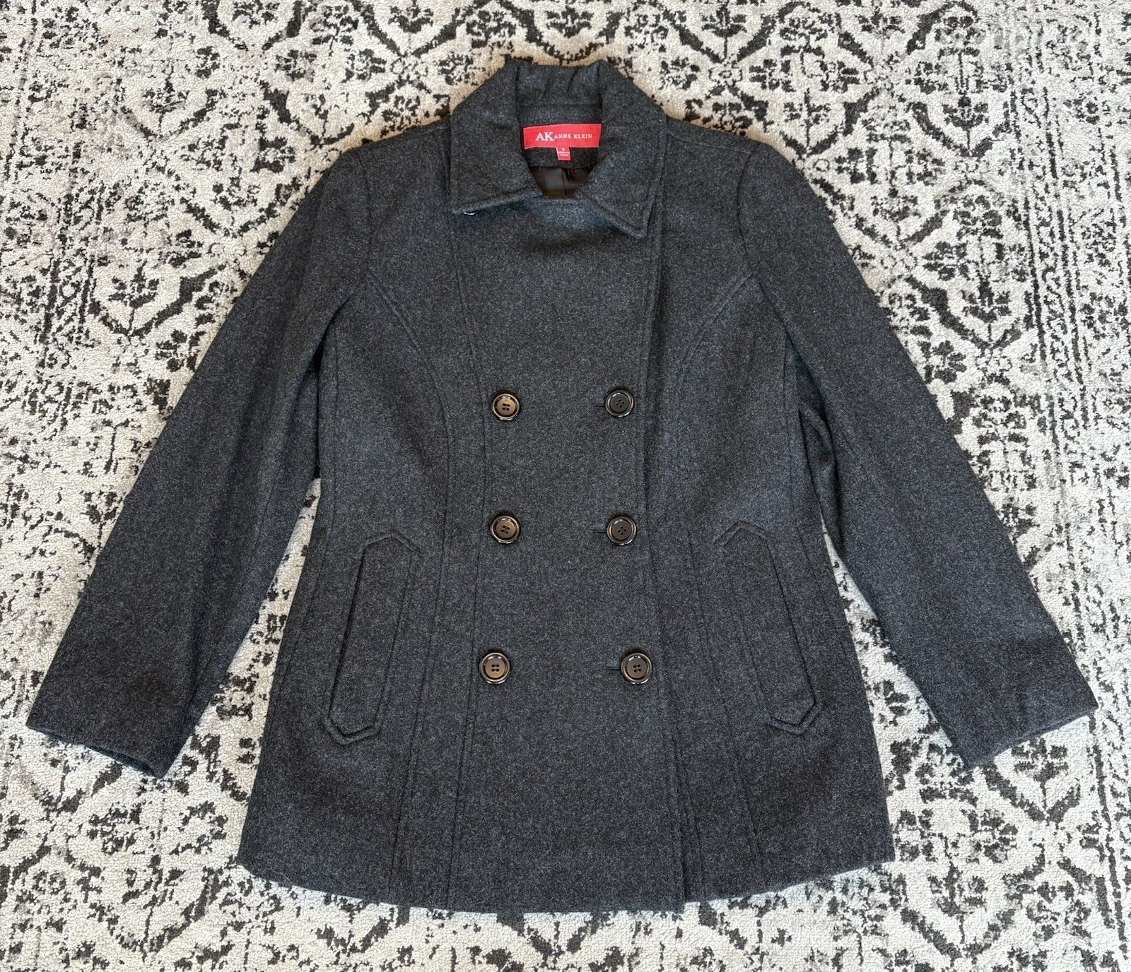 Anne Klein Black Pea Coat Women's Size S Wool Blend Double Breasted Winter Coat