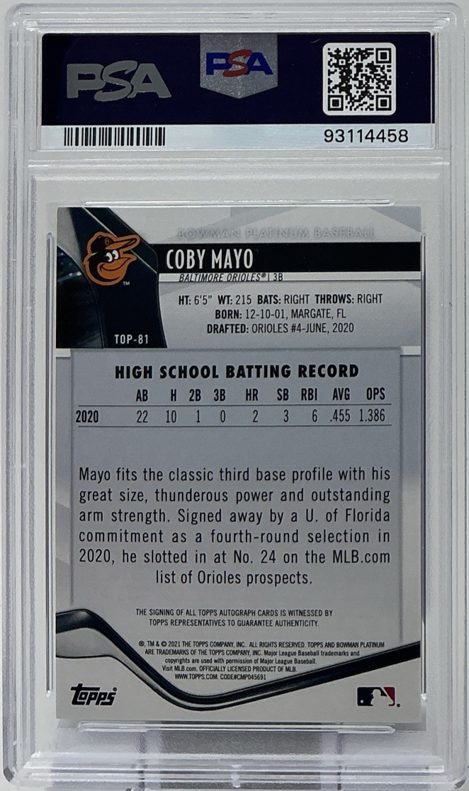 Coby Mayo Rookie Auto PSA 9/10- 2021 Bowman Platinum Prospects ‘Ice Pattern’ /50 view 6