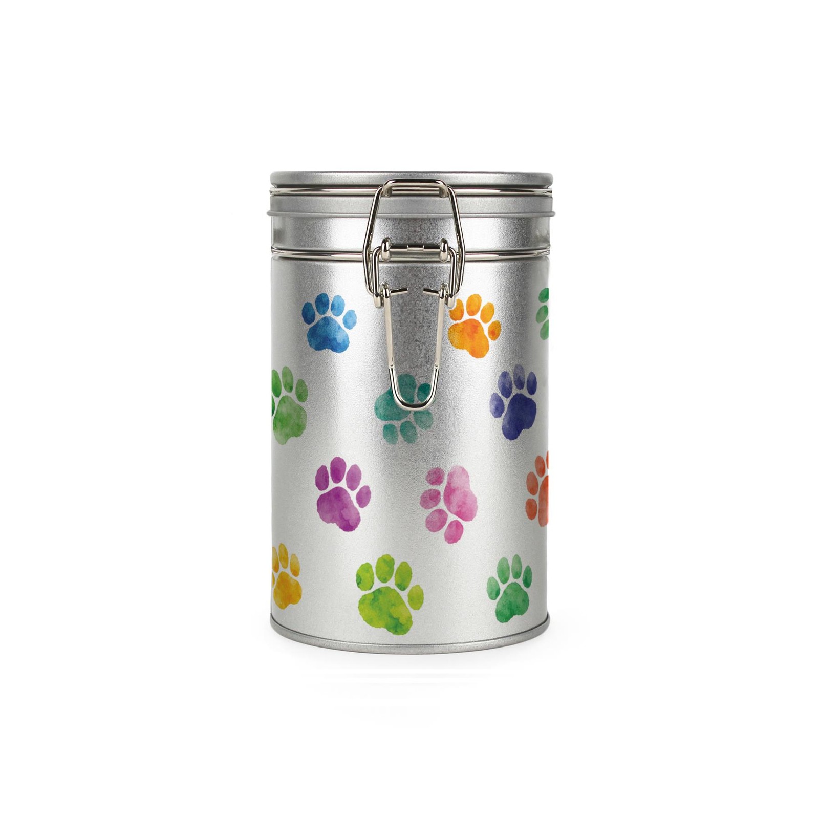 Rainbow Paw Prints Storage Canister - 600ml Silver Metal Container Dog Gifts