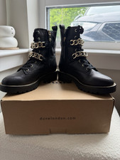 Dune London Women’s Black Leather Ankle Combat Boots Chain Buckle UK 3 EU 36