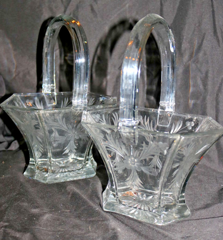 Heisey Vintage Floral Etched Glass Baskets