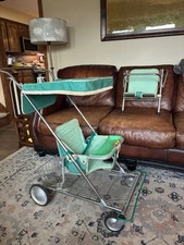 VTG 50s Peterson Siesta Canopy Folding/Baby Walker Stroller tandem seat & basket