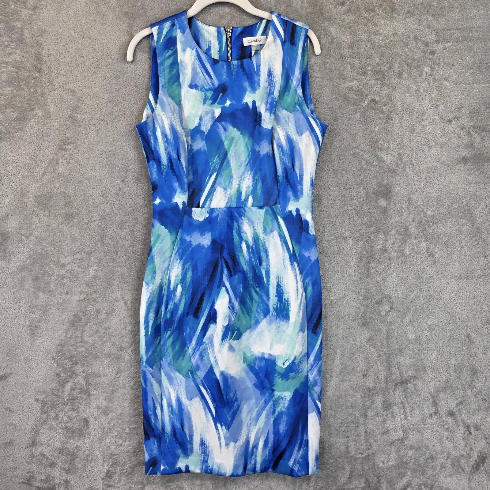 Calvin Klein Dress Womens 8 Blue Abstract Scuba Sleeveless Sheath Knee Length