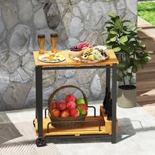 Outsunny Acacia Wood Outdoor Bar Cart, 2-Tier Outdoor Serving Cart, Teak