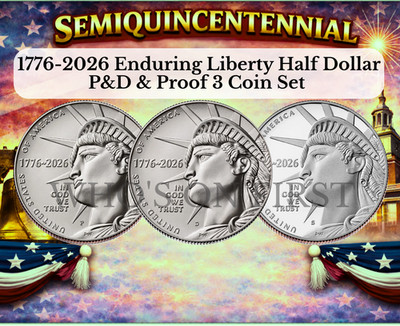 1776 - 2026 P D S LIBERTY HALF DOLLAR 3 COIN SET MINT BU & PROOF   PRE-SALE