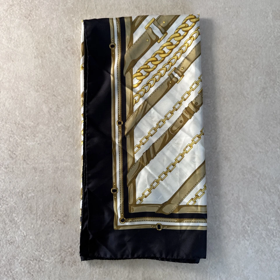 Azalea Bellagio Italy 100% Silk Scarf Gold Chain Belt Print Black Border Vintage - Image 3 of 4