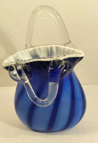 Vintage Hand-Blown Cobalt Blue & White Swirl Art Glass Purse Vase | Murano Style