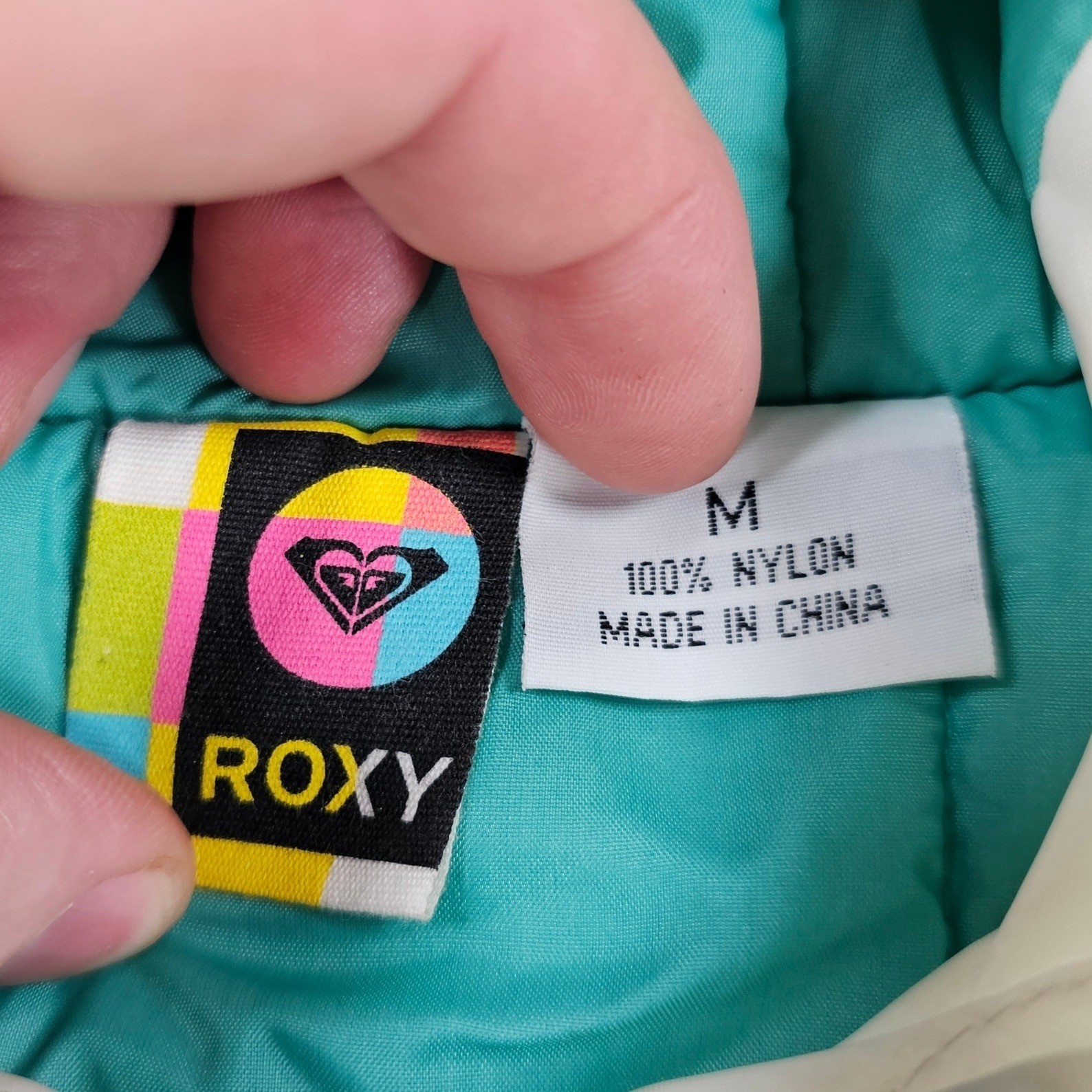 Rare Y2K Roxy Women's Puffer Jacket Hooded M White Teal Retro image 5