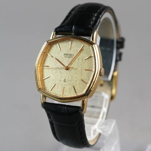 SEIKO Vintage 1983 5931-5350 Men's Watch Gold 30mm New Battery New Leather Band